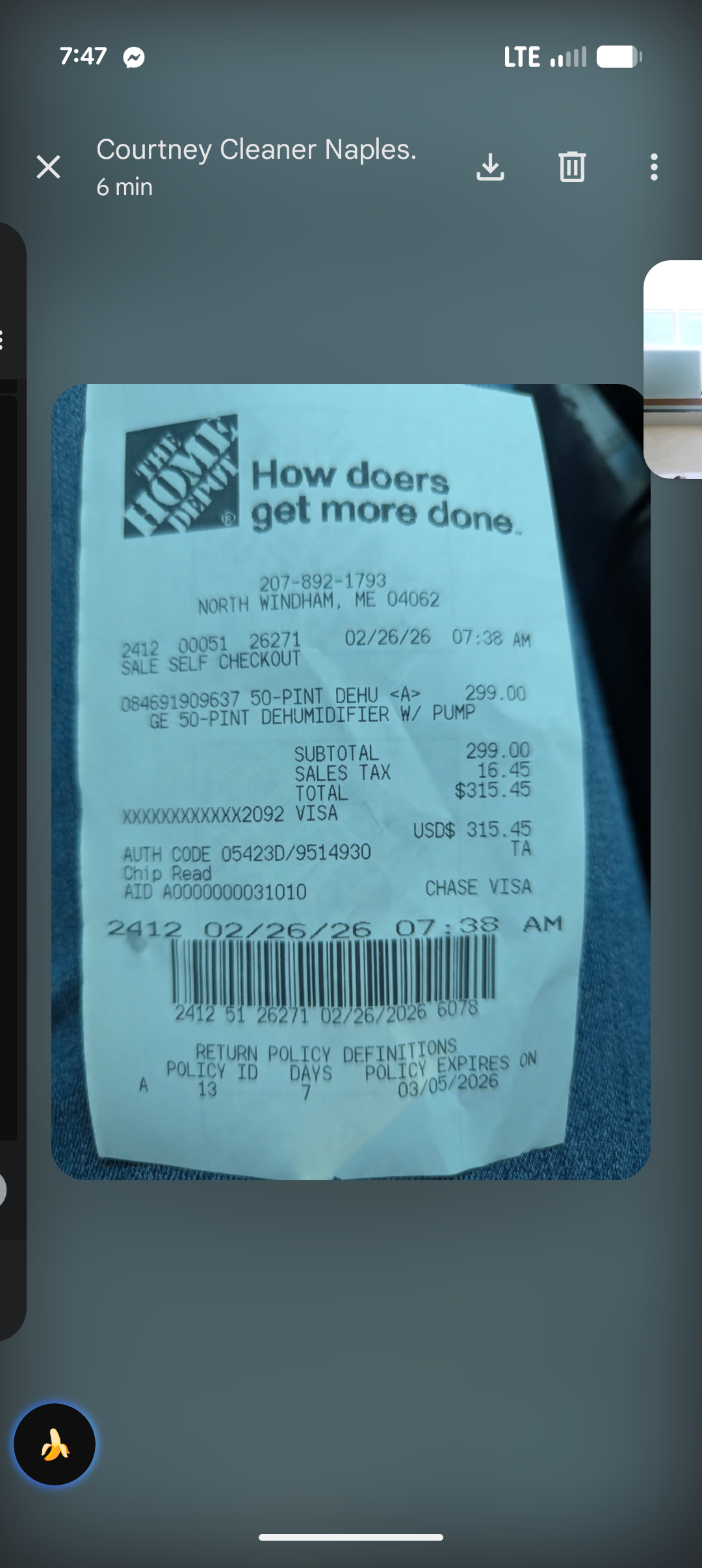 Home Depot Receipt — Dehumidifier Purchase $315.45