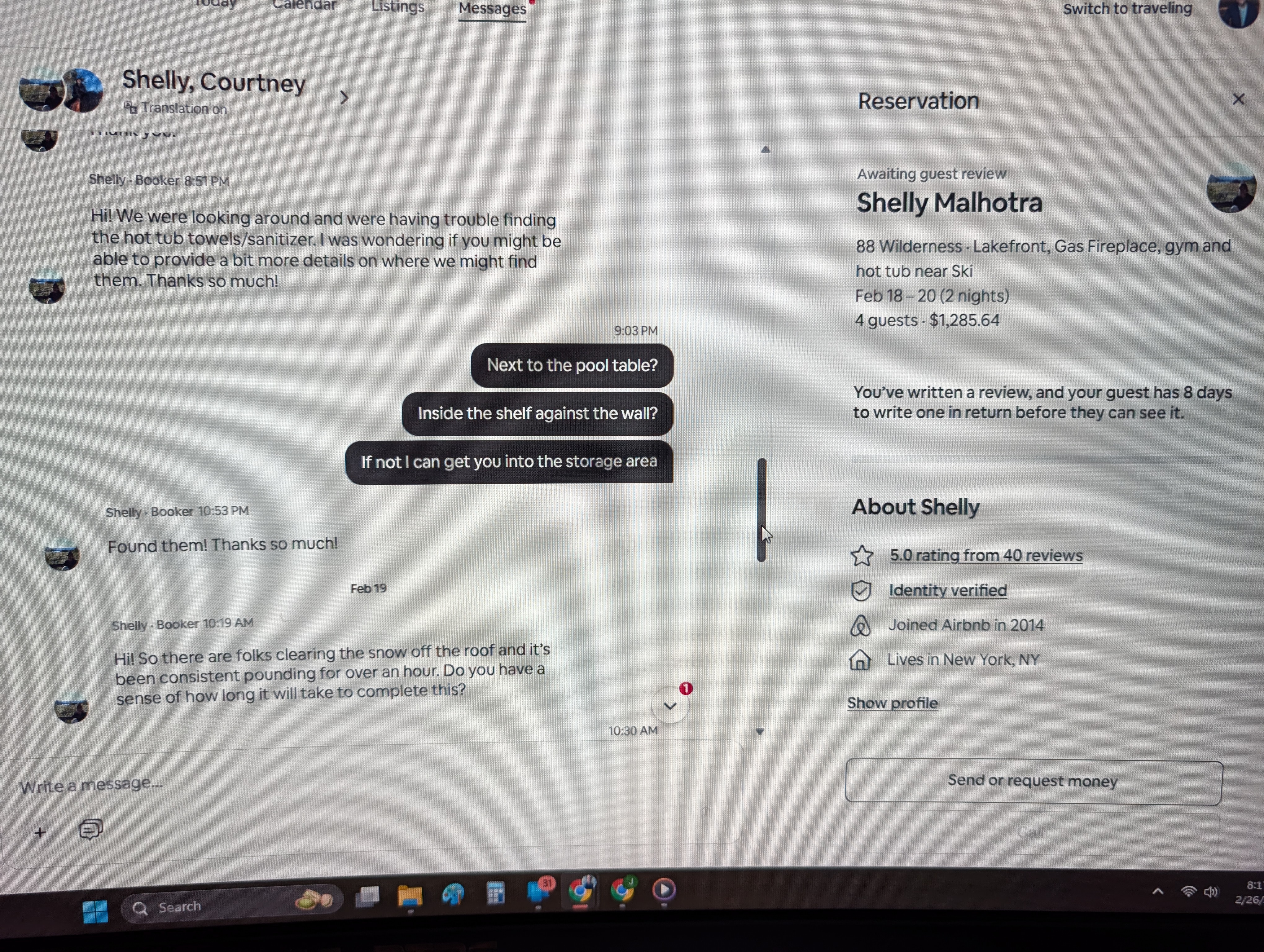 Airbnb Guest Shelly — Witness to Roof Snow Removal Feb 19